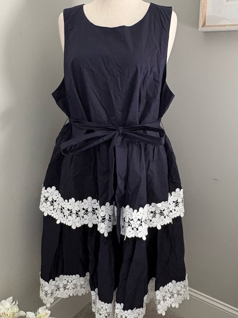 Eloquii Navy Sleeveless Midi Dress with White Lace Trim